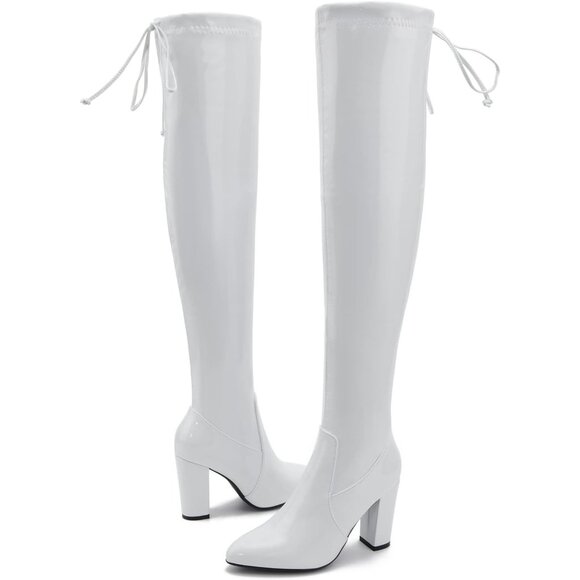 Women A-white Leather Pointed Toe Zipper Over The Knee Thigh High Long Boots - Picture 2 of 6